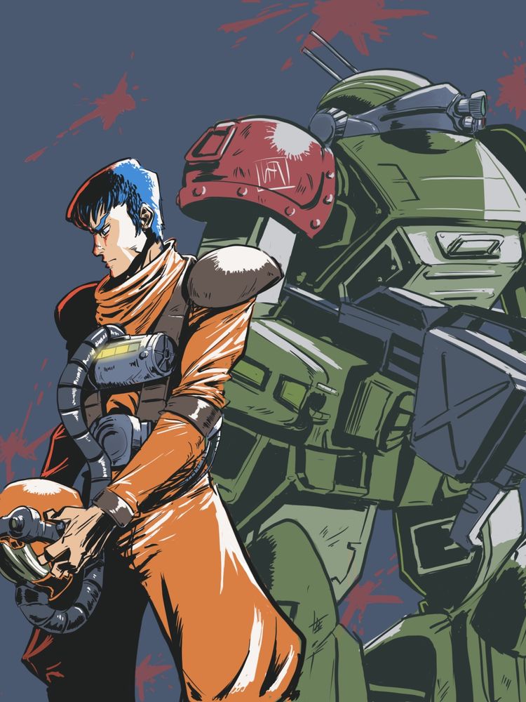 Kiriko standing in front of his Scopedog from the anime 'Votoms'