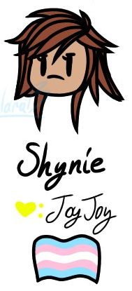 A headshot drawing of the character on a white background. The character has light brown hair and black chibi eyes. Below is some information that says "Shynie. Yellow Heart: JoyJoy". There is also a trans flag below it as well.
