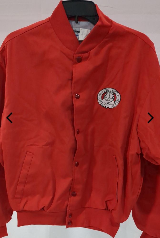 Red members only jacket that says 100% PURE GARFIELD 