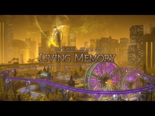 Screenshot of Final Fantasy 14. Wide shot of a golden cityscape with a purple Ferris wheel and monorail in the foreground. Text overlay reads "Unlost World: Living Memory."