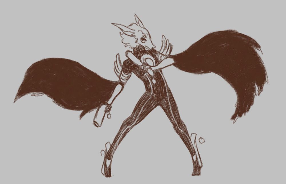 An anthro sight hound in a black catsuit with wing-like long sleeves wielding two guns.