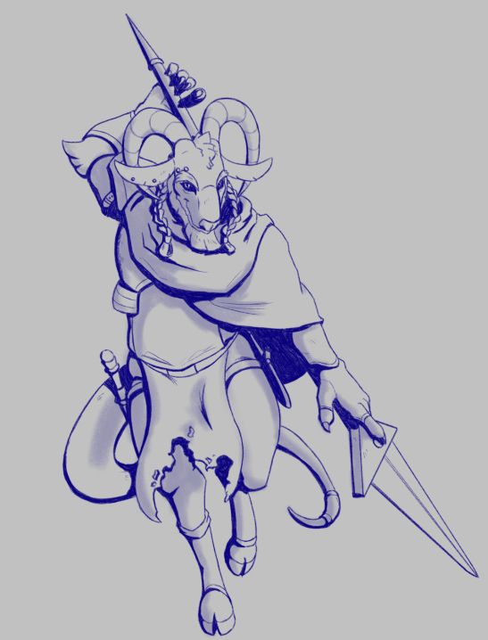 Anthropomorphic ram in medieval-fantasy-esque costume posing with a spear behind his back.