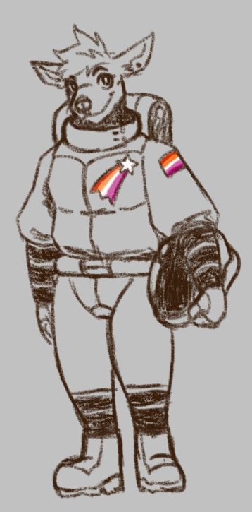 An anthropomorphic deer in a space suit with the lesbian pride flag colors