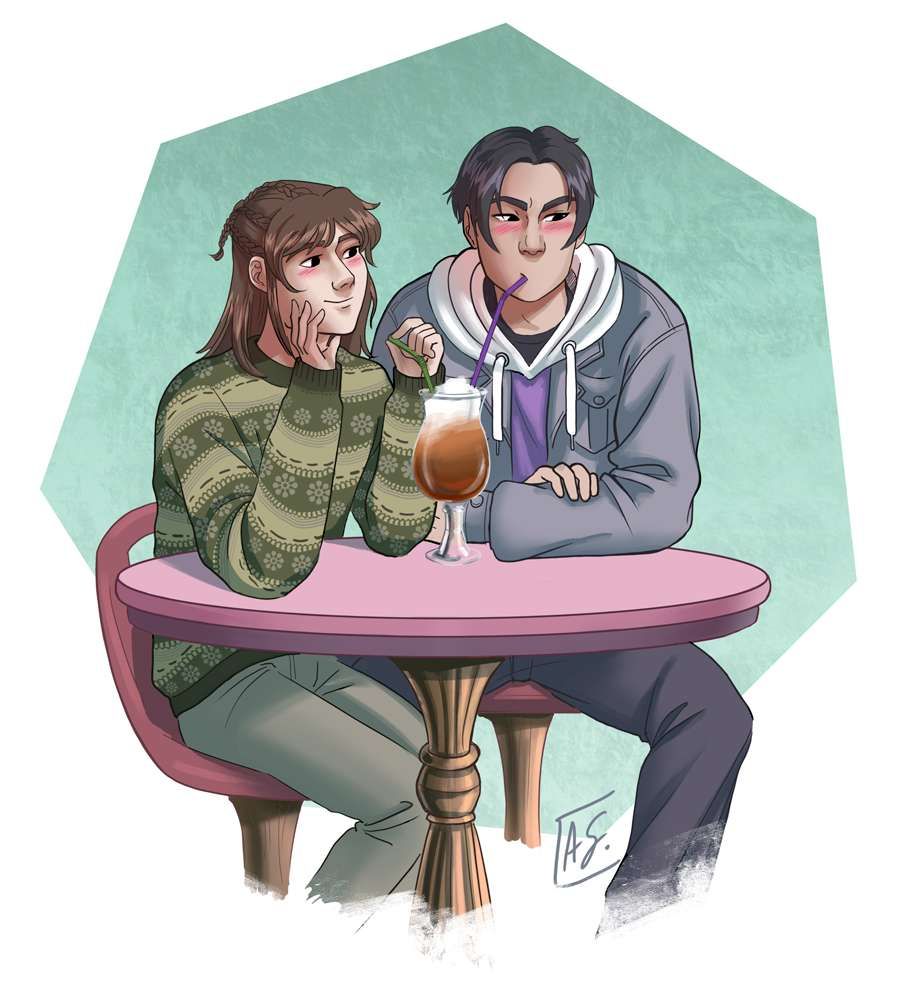 Modern day Nie Huaisang and Jiang Cheng are sitting on stools, sharing an icecream milkshake. Jiang Cheng is blushing and trying to look away while Nie Huaisang looks at him adoringly
