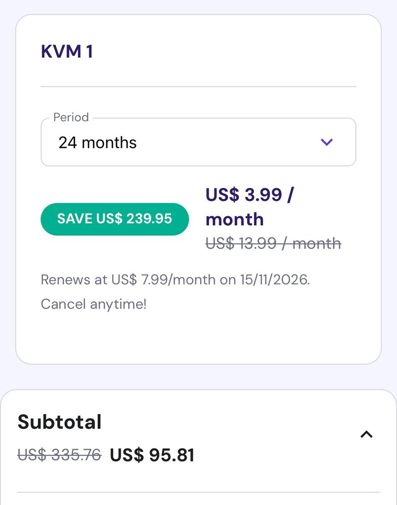 Screenshot of the checkout page for a Hostinger KVM 1 — showing $3.99/month special with 24 months commitment. 