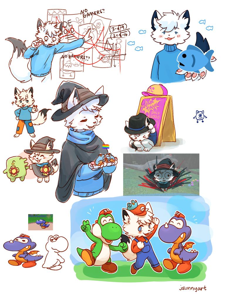 bunch of doodles of fir from twitch dot tv and youtube