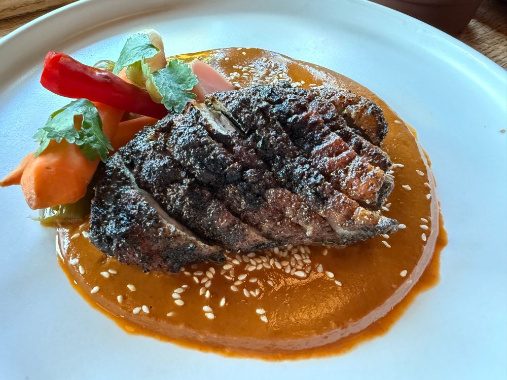A flame-cooked dry aged duck breast and veggies on a bed of mole coloradito with sesame seeds sprinkled on top.