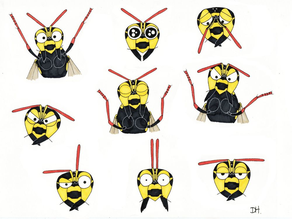 Depression sucks. I haven't had the motivation or inspiration to draw any scientific illustrations of wasps for months. I keep hoping that, that spark will ignite again soon, and I will be on my way to finishing a project that's been over a year in the making. In the meantime, here are some random Polistes nimpha doodles that I sketched/coloured today. 