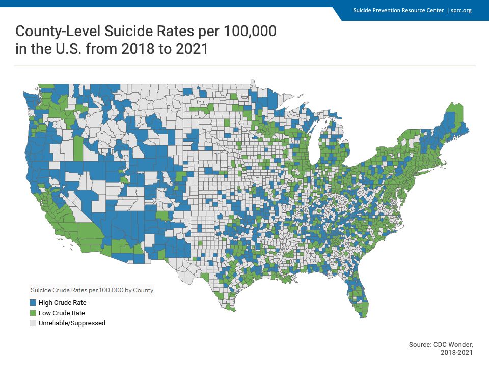 Image shows County level suicide rates per 100,000 in the U.S. from 2018 to 2021. Source: Suicide Prevention Center 
https://sprc.org/wp-content/uploads/2023/07/Slide4.png