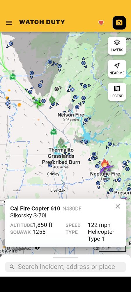 Screenshot from Watch Duty app showing fire fighting aircraft working in Butte County California. 