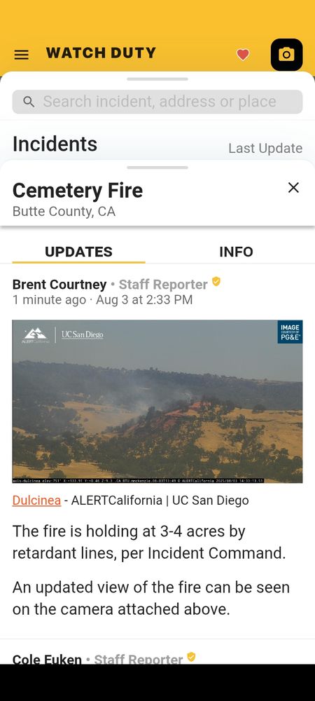 Screenshot of Watch Duty app notification of the Cemetery Fire in Butte County California. 