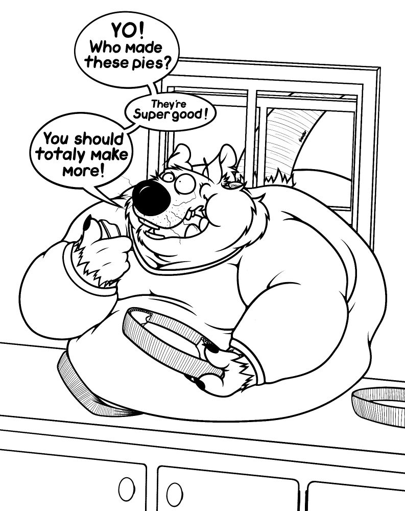Linework of Gus the fat grey rat stuck in the window of someone's kitchen after trying to get to a set of pies the homeowner left out on the windowsill to cool 