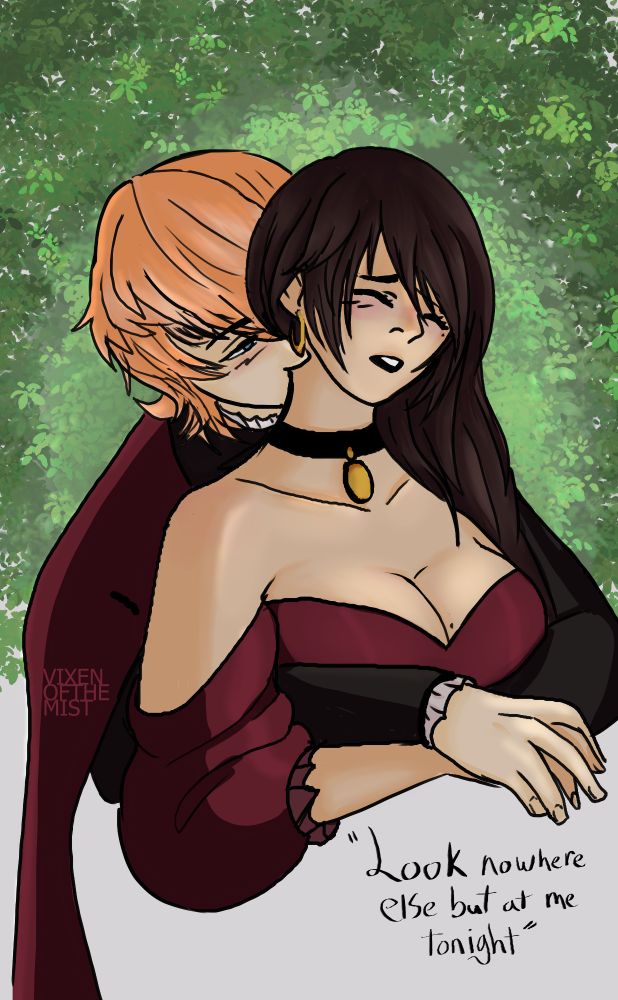 Joshua Rosfield, wearing a red cape, is standing behind Jote and kissing her neck. Jote is wearing a red dress with a low cut and exposed shoulders. Her brown hair is long and swept to one side. Her eyes are closed and she's blushing. The background is a bunch of green leaves