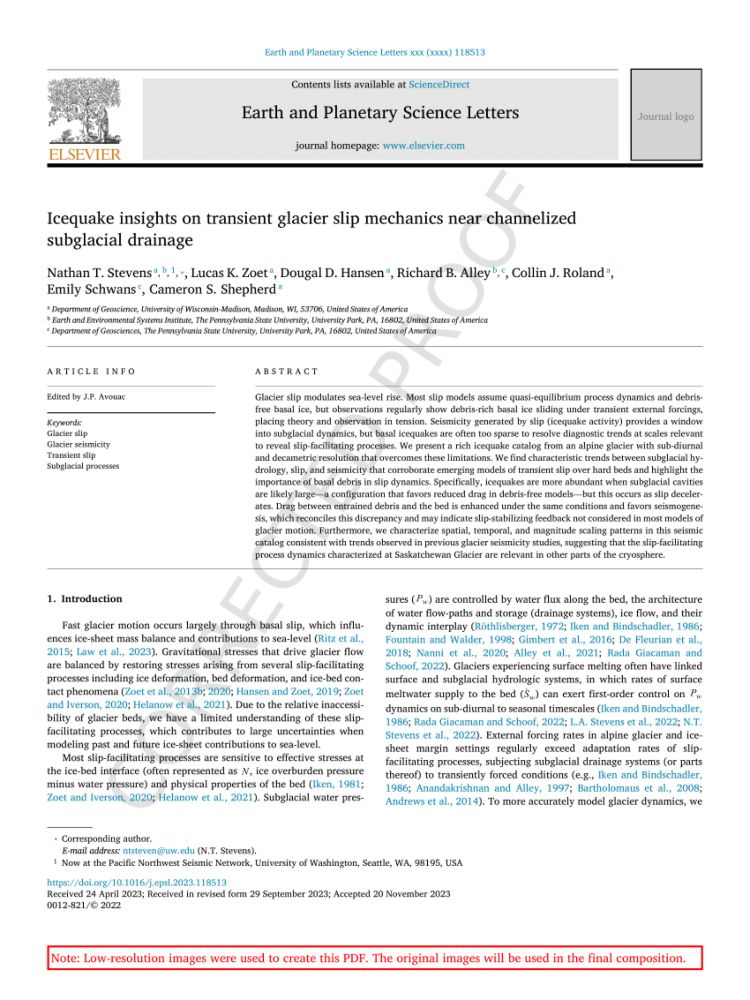 (PDF) Icequake insights on transient glacier slip mechanics near channelized subglacial drainage