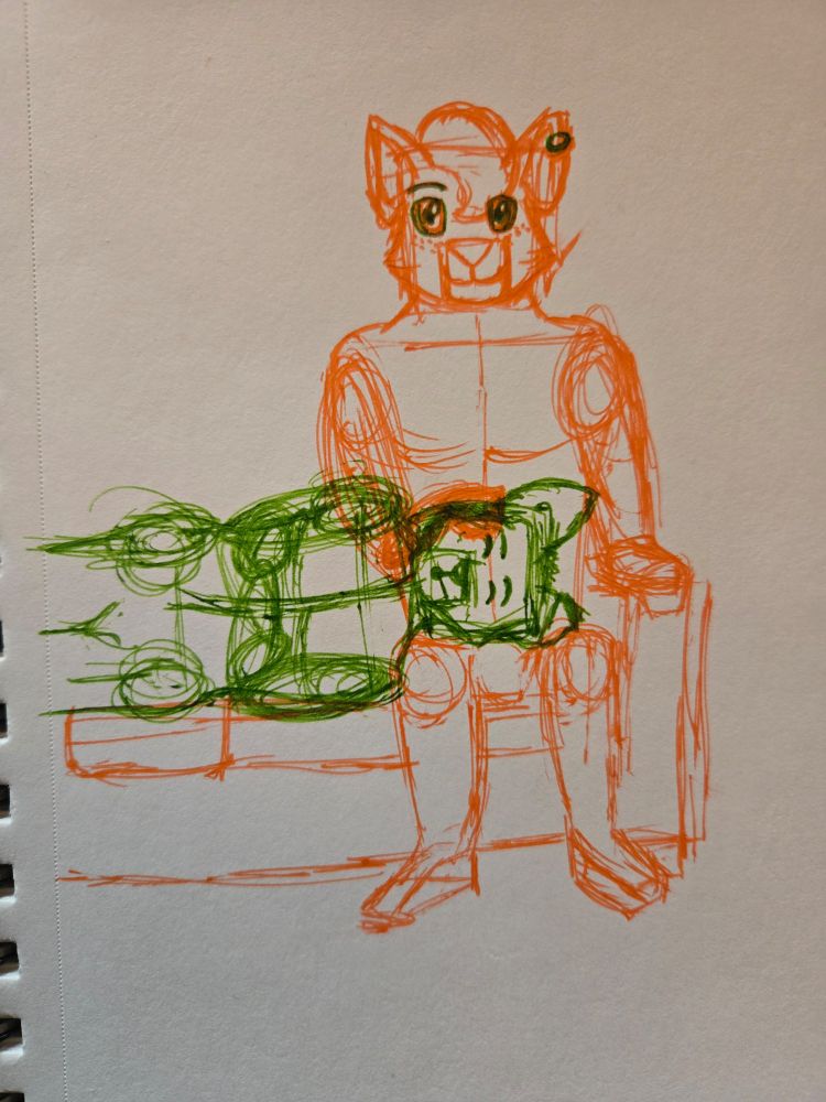 2 anthropomorphic wolves on a couch. One, drawn in orange, is sitting. The other green one is laying asleep with his head in the orange one's lap. The orange has his right paw on the green one's head.