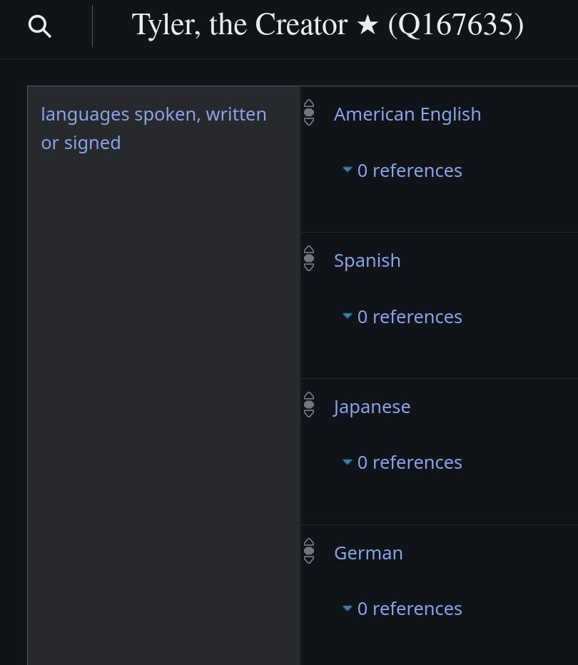 Screenshot of Tyler the Creator's Wikidata page showing his languages spoken, written or signed including American English, Spanish, Japanese, and German