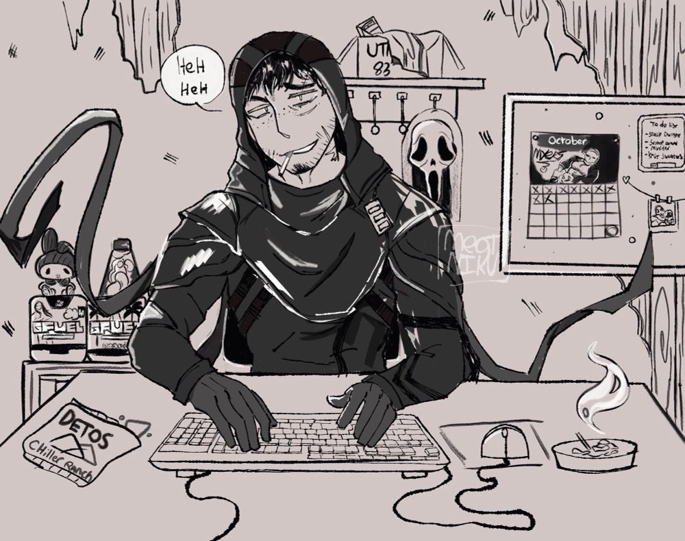 Danny at a computer. His room is rubbed down and he has an ash tray and Doritos on his desk 