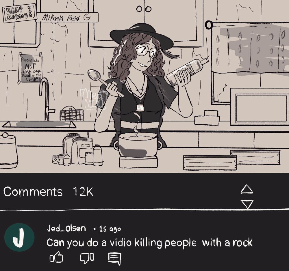 Mikaela making soap in a YouTube video. Danny left a comment that said “Can you do a vidio killing people  with a rock”