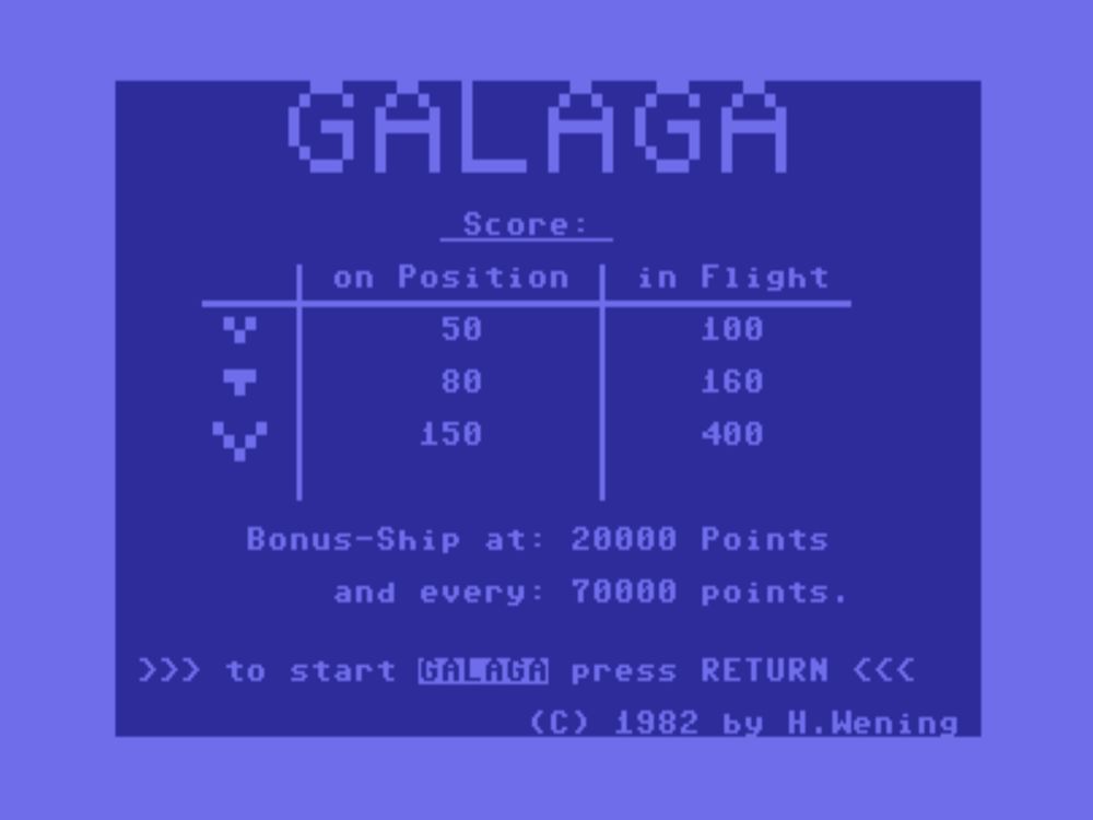 The title screen for Galaga on the C64.