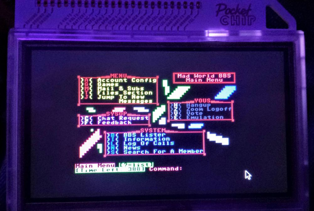 PETSCII BBS screen on the Pocketchip.