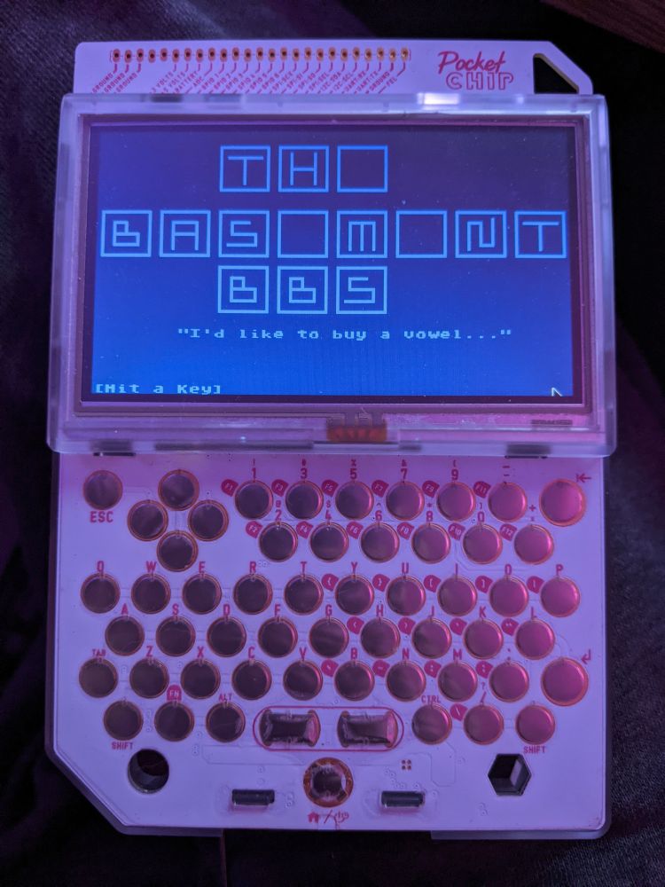 8 bit Atari ATASCII BBS screen on the Pocket Chip.