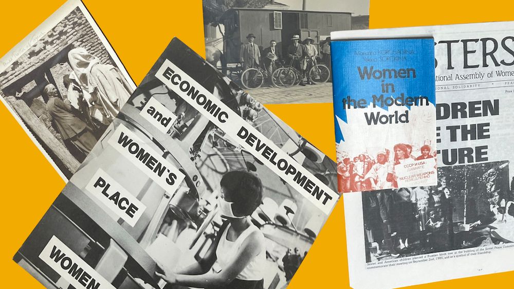 A collage of archive gender studies materials on a golden yellow background.