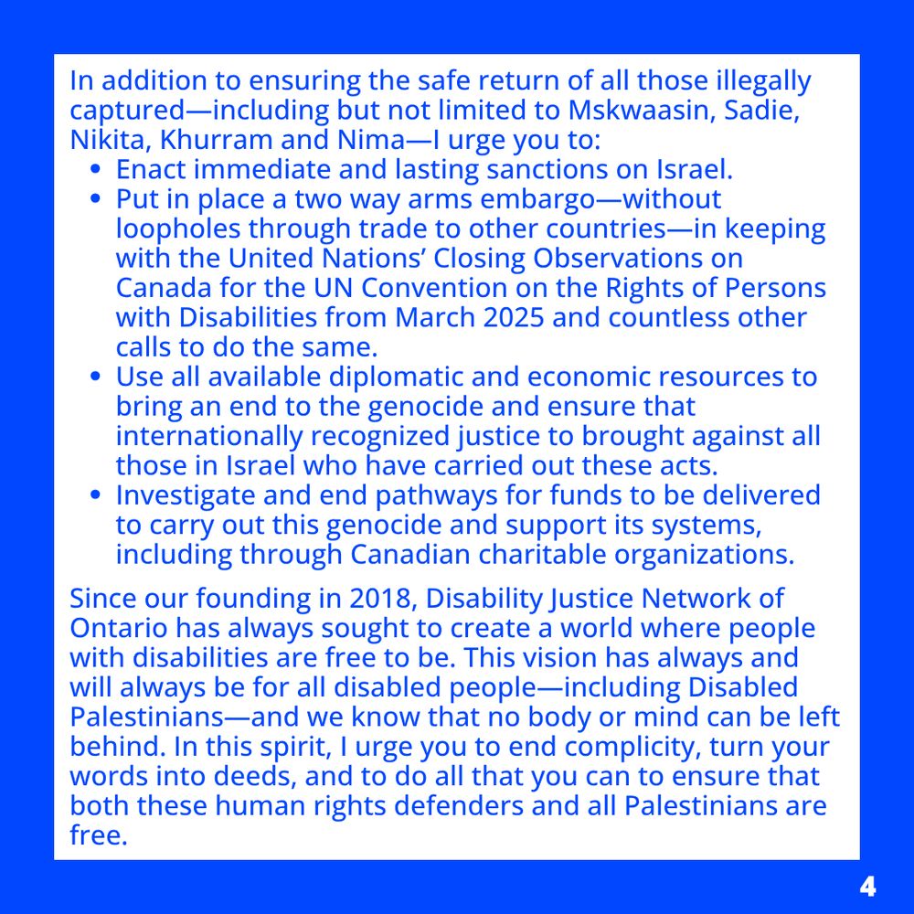 Alt Text: All slides are a blue bordered white square with blue text. The first slide has an additional blue bar with a circular Palestinian flag and a blue version of the DJNO logo. Each slide relays the text of the letter found at our link in bio or at the end of this thread.