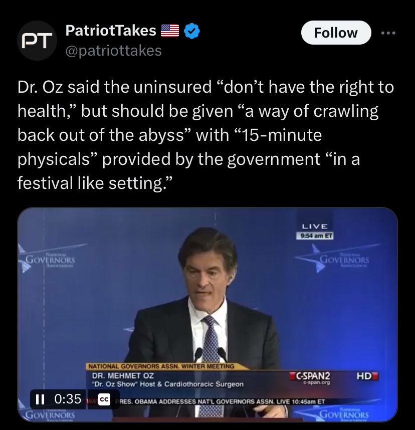 Screenshot of a tweet quoting Dr. Oz proposing dystopian healthcare solution
