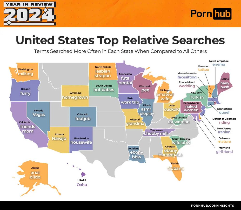 A map of the United States showing its top relative searches

YEAR IN REVIEW
2024
Porn hub
United States Top Relative Searches
Terms Searched More Often in Each State 
When Compared to All Others
Washington milking
North Dakota lesbian strapon
New Hampshire enema
Vermont tattoo
Minnesota futa hentai
Massachusetts facesitting
MaineRhode Island
hairy
South Dakota
Wisconsin
wedding
bush
Oregon
hot babes
furry
pee
Michigan
Wyoming
New York
amateur
homegrown
lowa
wife
Turkish
work trip
Illinois
Ohio
Pennsylvania naked
Nevada
asmr
cuckold
women
Vegas
Colorado
roleplay
Connecticut queef
footjob
Missouri
West Virginia
California
grandma
fat woman
friends mom
Tennessee
District of Colombia riding
New Jersey
Iranian
chubby milf
Arizona
Navajo
New Mexico
housewife
Louisiana ebony bbw
South Carolina wife bbw
Georgia ebony homemade
Florida cubana
Delaware mature
Maryland girlfriend
Alaska anal dildo
Hawaii
Oahu
