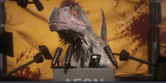 a picture of a raptor standing at a podium with a lot of microphones, like for a press conference.