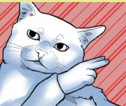 a drawing of a cat with a human hand giving a peace sign.