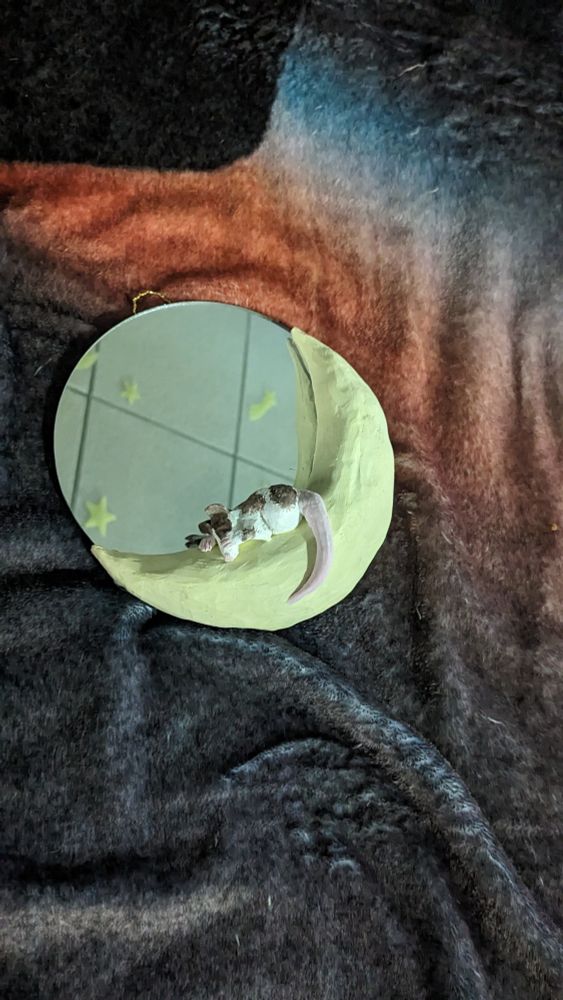 A polymer clay white rat with brown spots sleeping on a crescent moon, all placed on a mirror 