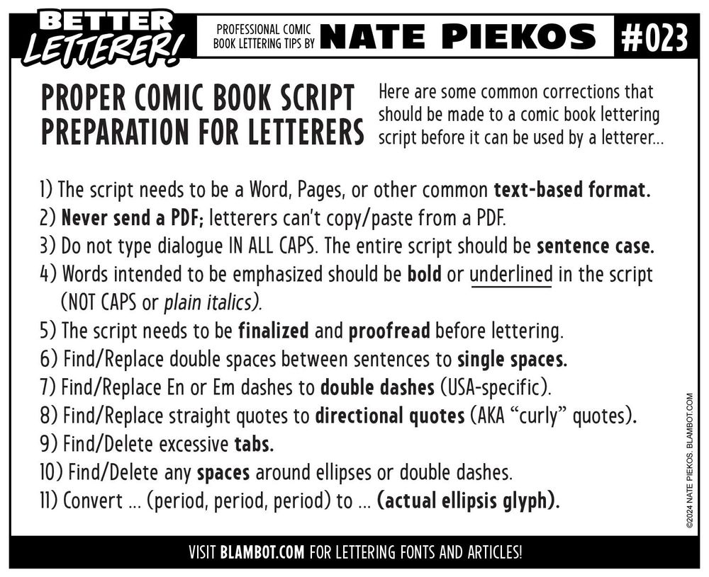 Tips from comic book letterer Nate Piekos about how to prepare a script for lettering use.  These include writing in sentence case and sending the script in Word or other text-based format.