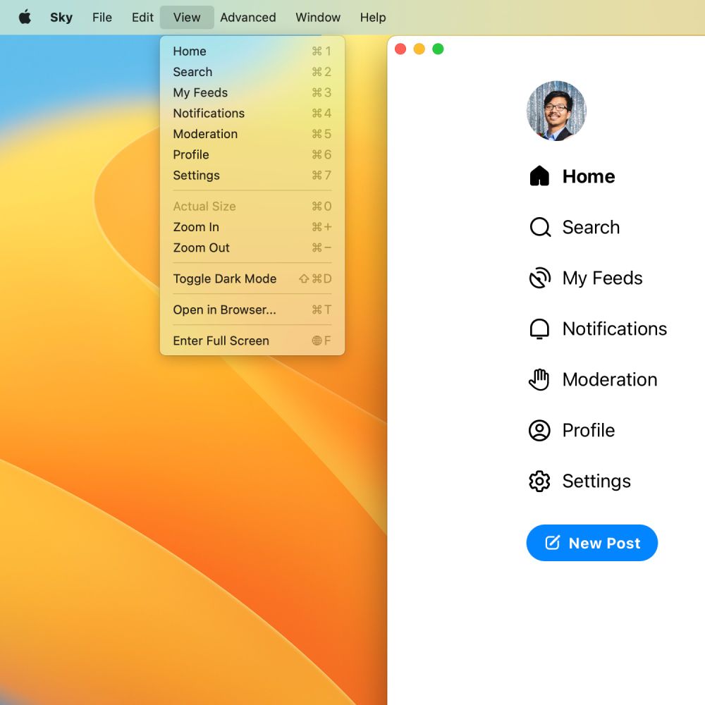 Screenshot with View menu in Desktop mode