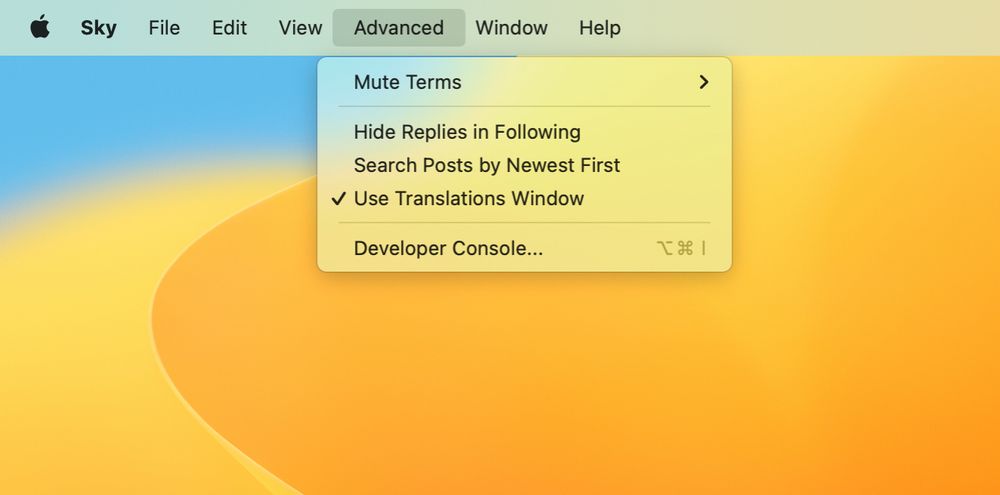 The "Advanced" menu bar showing "Use Translations Window" as checked.
