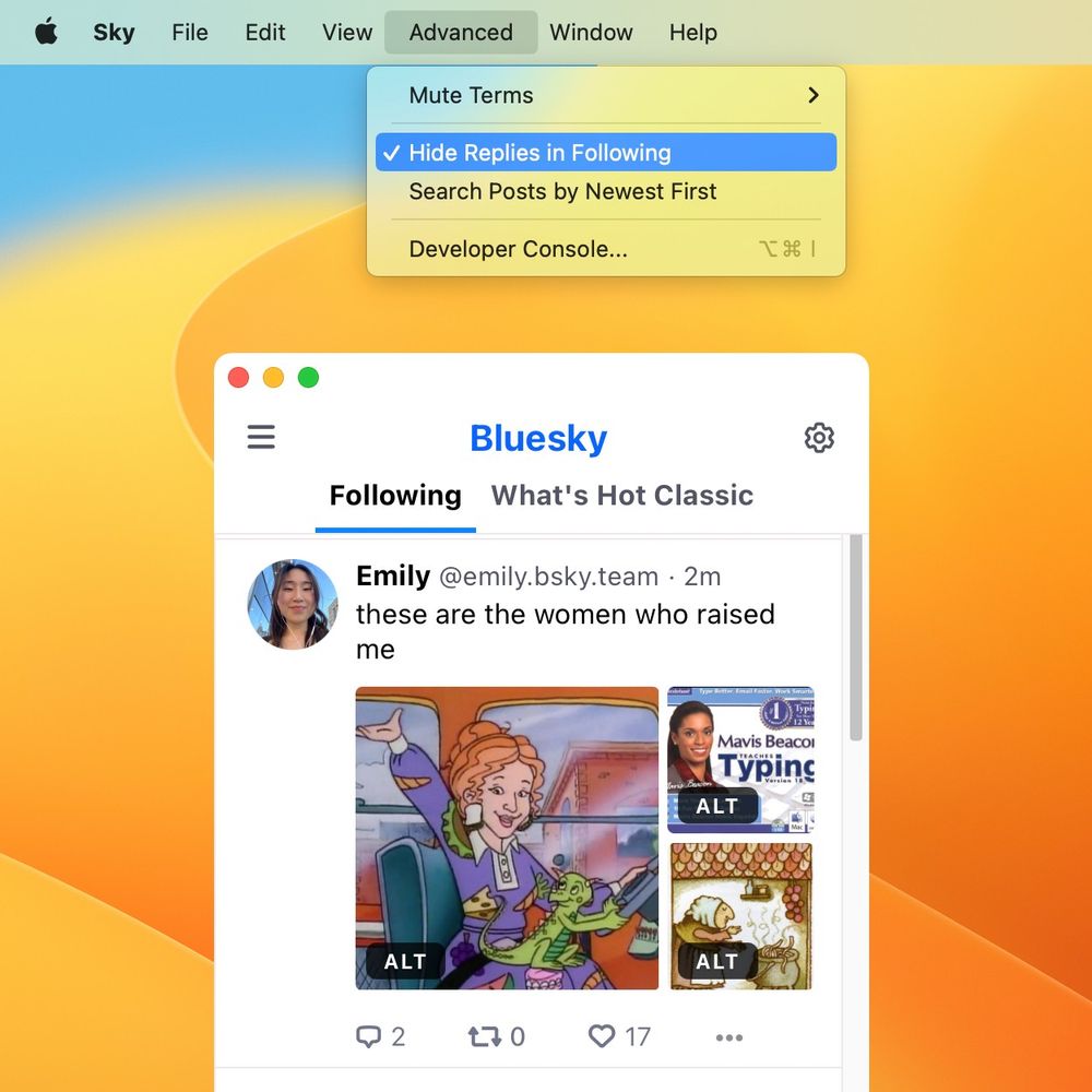 Screenshot of Sky.app with Advanced > "Hide Replies in Following" enabled