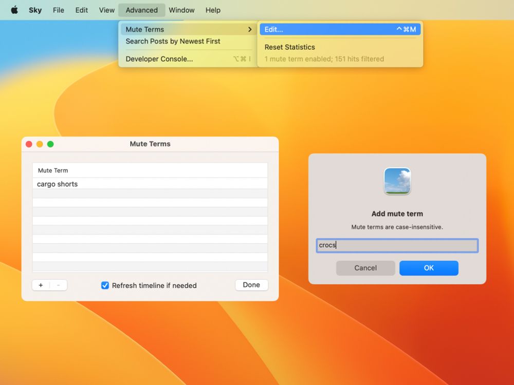 Screenshot showing the menubar, the Mute Terms Editor and Add Mute Term dialog.