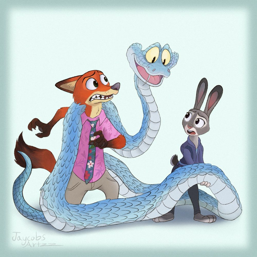 A drawing of Nick, Judy, and Gary from Zootopia 2