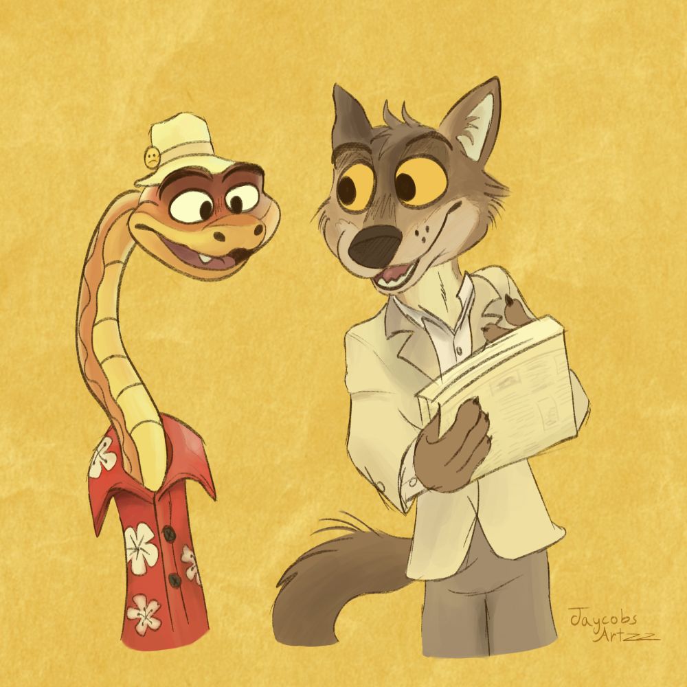A drawing of wolf and snake reading a news paper, the characters from DreamWorks "The Bad Guys" film