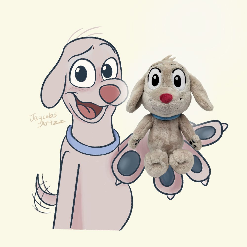 Image of Dog from Robot Dreams holding a plushie of himself 