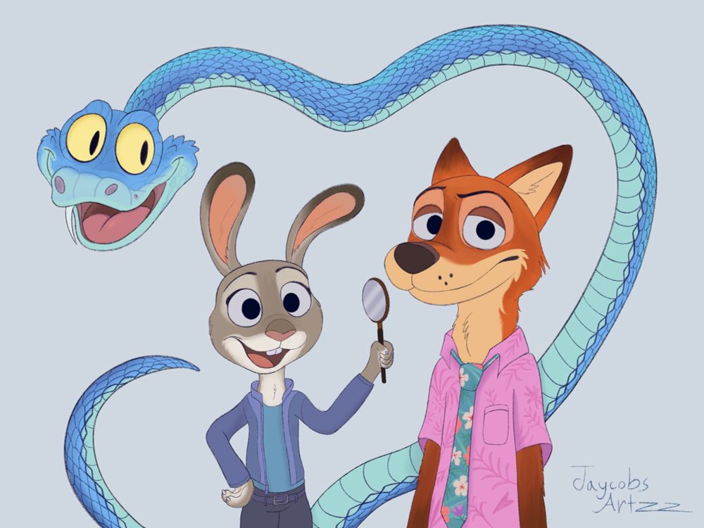 A drawing of Nick Wilde, Judy Hopps and Gary the snake from Zootopia 2