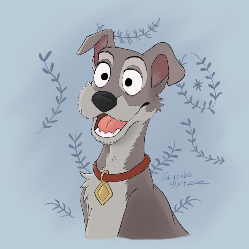 A drawing of the Tramp in shock from lady and the tramp the Disney movie called Walt Disney's happiest motion picture 