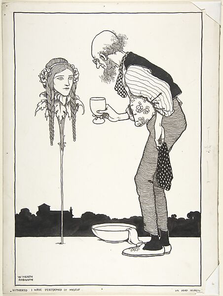 an aged bald and bearded late 19th-century inventor-looking type (festooned with kerchiefs, in weskit and shirt but no jacket, legs are long, lanky grey trousers ending a ways before his loafers) hands a drink of something to a sad-looking classical lady's head on a stick (or possibly springing out of the bloom of a flower, either way somewhat supernatural): the picture has a very low horizon created by the black silhouette of a skyline. caption is gnomic, reading "hitherto i have performed it myself" on one side and "six dead secrets" on the other