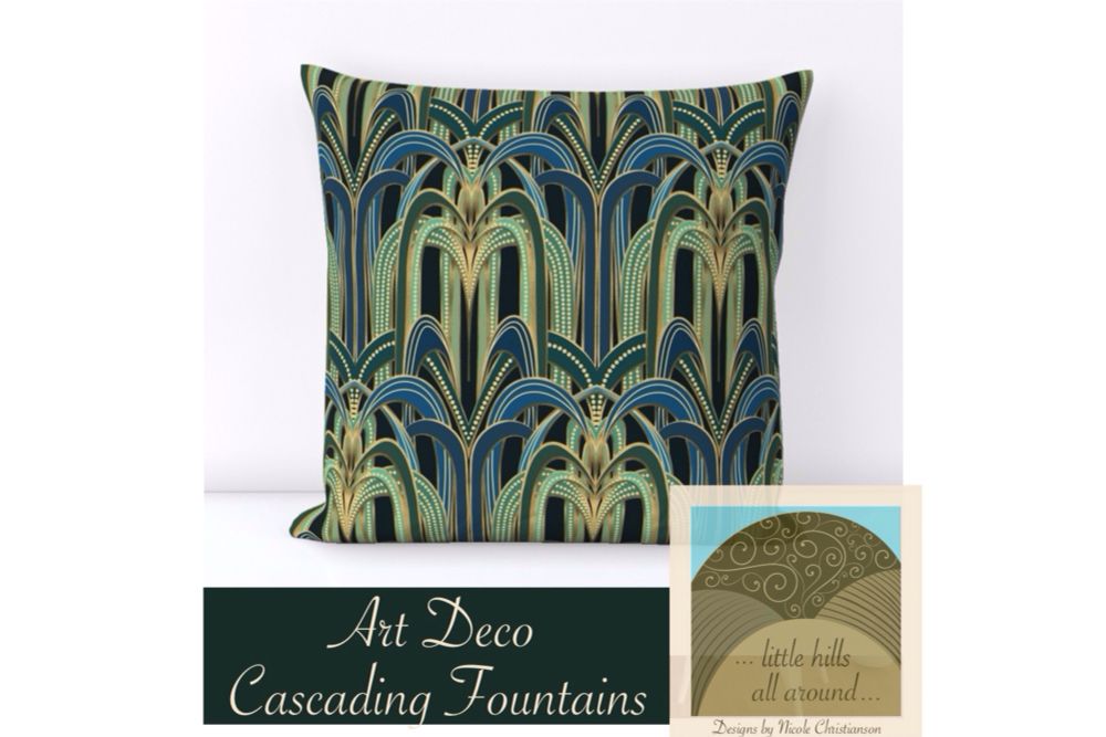 This elegant Art Deco pattern features cascading arches in shades of teal, blue, and gold, reminiscent of the glamorous 1920s era. The design incorporates geometric shapes and dotted details, creating a sophisticated and luxurious feel.