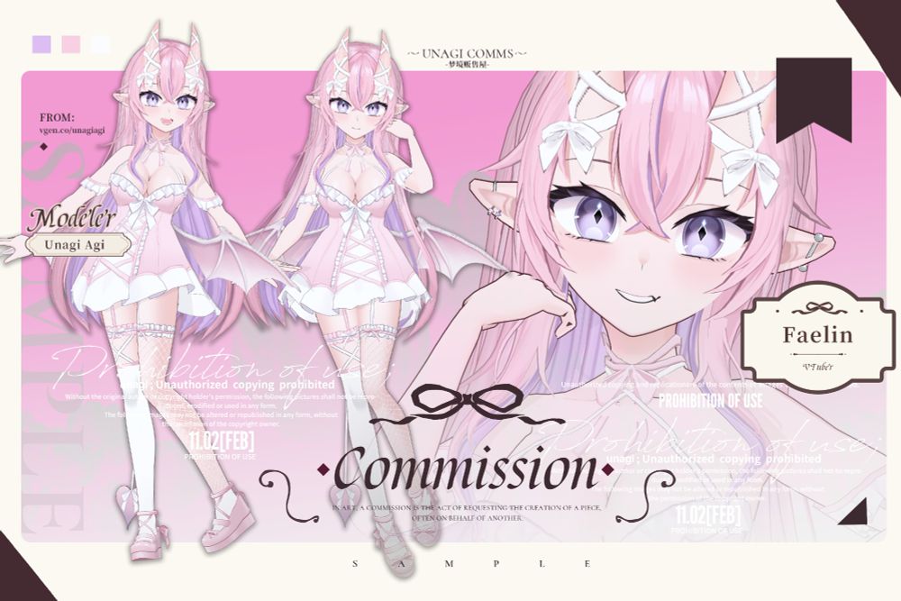 A 3D Vroid model showcase featuring a close-up and full-body view of a pastel pink oni vtuber. Commissioned by Faelin.