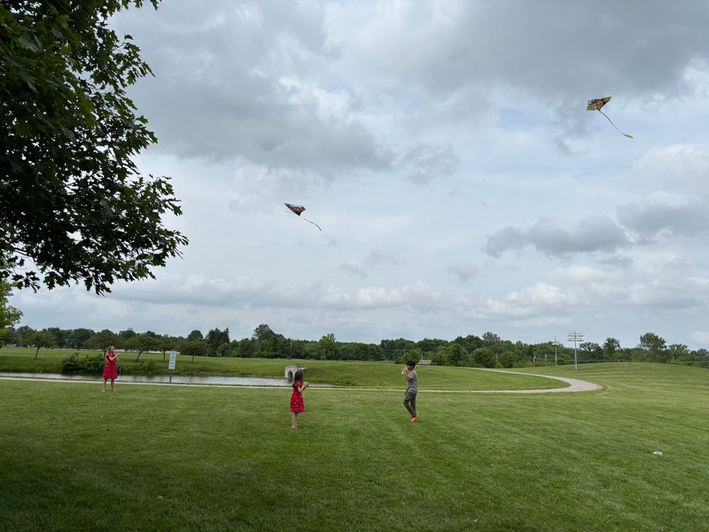 Kids flying kites together at a park for Eid Al-Adha