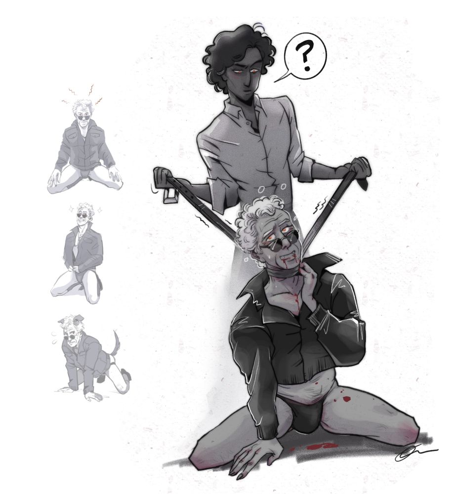 a central black and white drawing of armand, a brown man with fluffy dark hair and orange eyes looking disgruntled whilst strangling daniel with a belt. Daniel is a white older man wearing only a leather jacket and a jockstrap, on his knees with a strained smile. blood drips from his mouth. beside the main drawing, three smaller drawings of Daniel in different poses are displayed. all are in the same leather jacket with a jockstrap, with differently levels of confidence. 