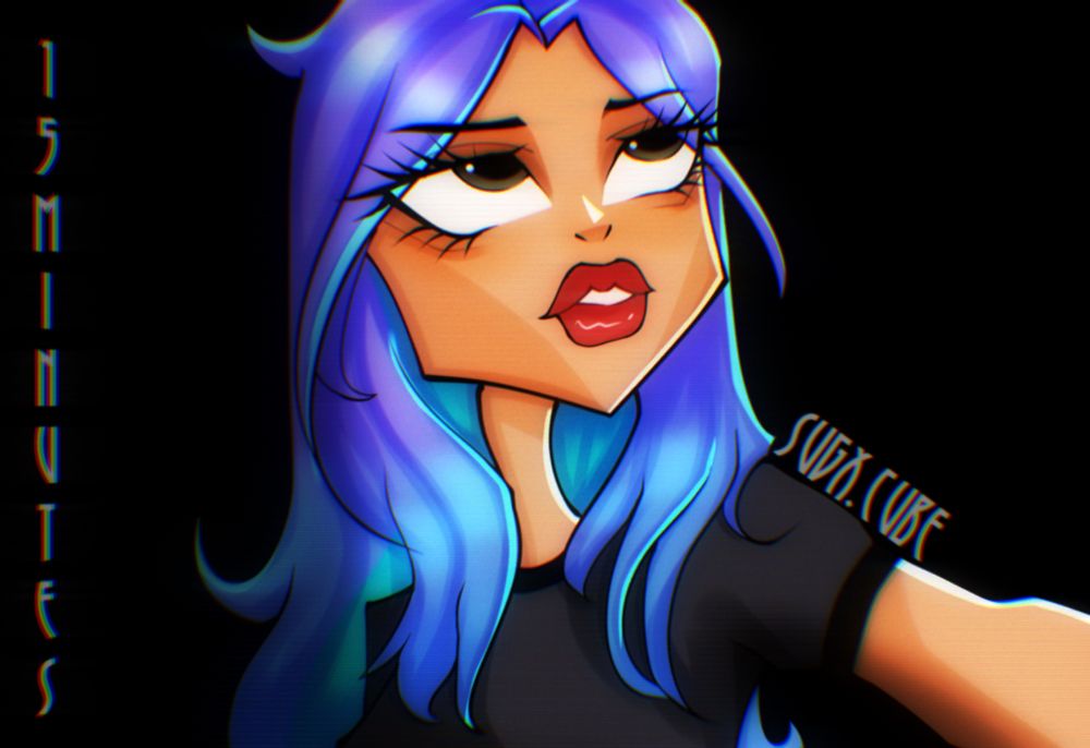 monster high styled drawing by sugxcube of a girl with purple and turquoise hair dresses as madison beer in the 15 MINUTED teaser
