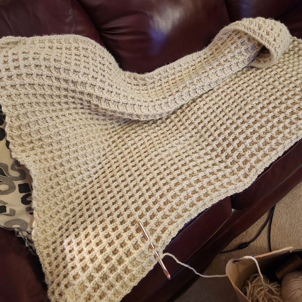 Crochet waffle stitch blanket work in progress wip