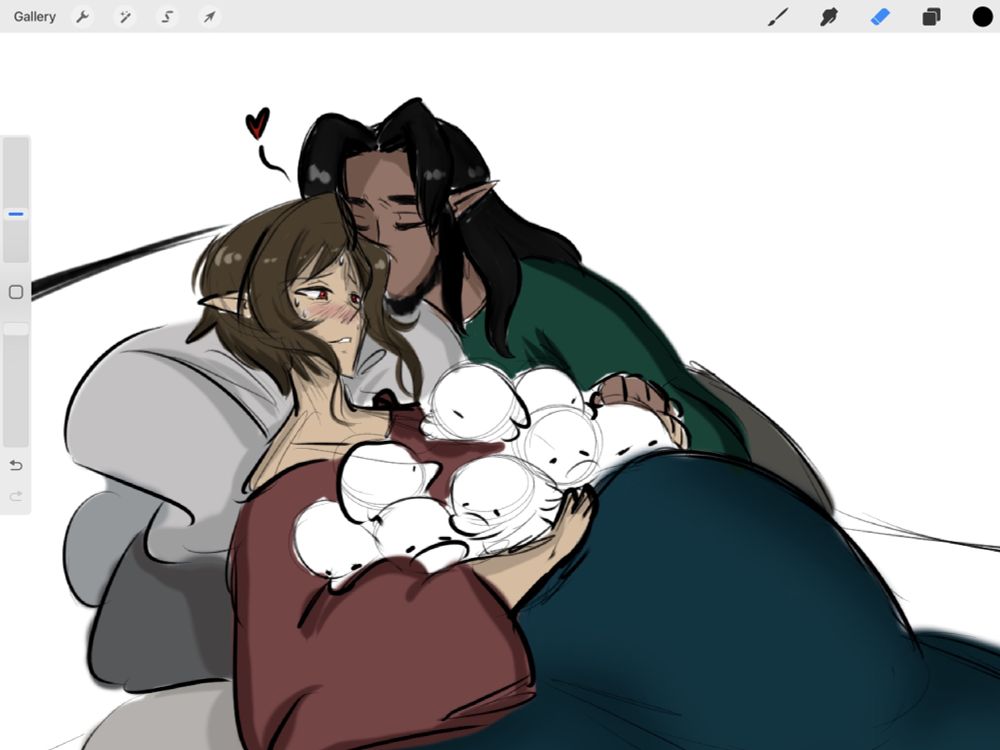 Laurel has just given birth and is holding eight dragon babies in his arms. Caspian kisses him.